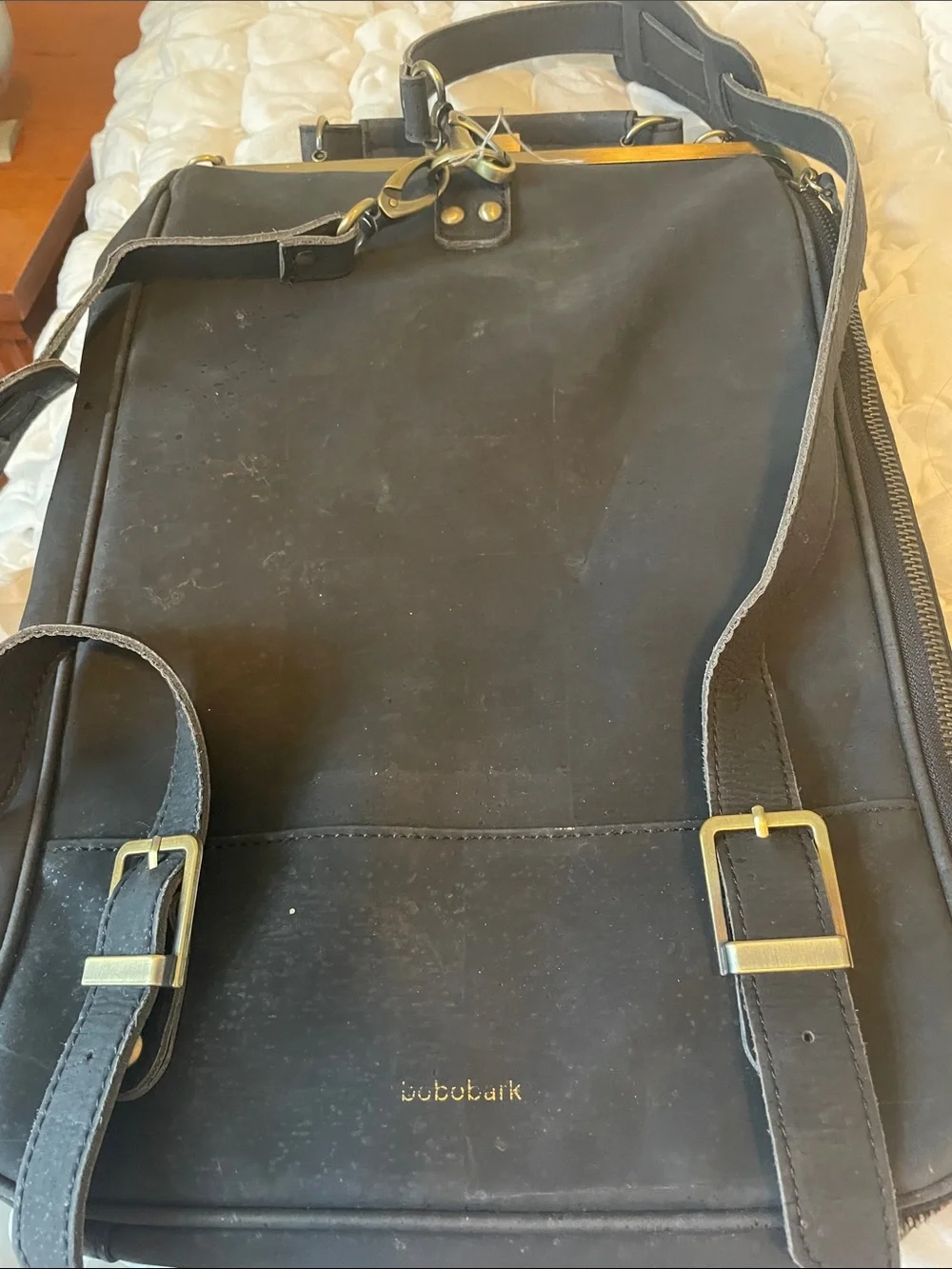 Laflore Black Leather Laptop Messenger Bag with Adjustable Straps